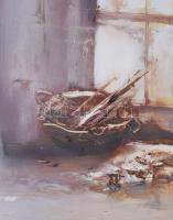 Fejér Csaba (1936-2002): Tanyaablak. Olaj, farost, jelezve balra lent. Hátoldalán Képcsarnok Vállala...