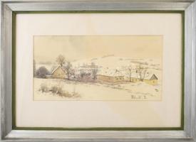 Dobroszláv Lajos (1902-1987): Téli falu (Gyermely, 1977). Akvarell, papír, jelezve jobbra lent, üveg...