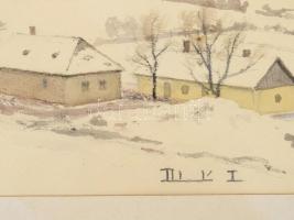Dobroszláv Lajos (1902-1987): Téli falu (Gyermely, 1977). Akvarell, papír, jelezve jobbra lent, üveg...