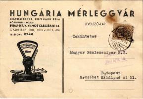 1941 Hungária mérleggyár reklámja. Központi iroda - Budapest V. Vilmos császár út 54. Gyártelep - XIII. Hun utca 4/A / Hungarian scale factory advertisement postcard (b)