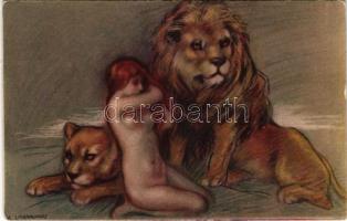 Nude lady with lions. Italian slightly erotic art postcard. Uff. Rev. Stampa 18-4. s: A. Zandrino