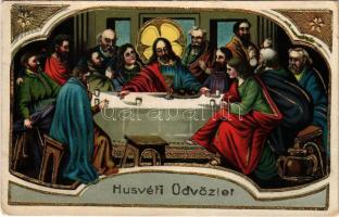 1918 Húsvéti üdvözlet. Az utolsó vacsora / Easter greeting. The Last Supper. golden decorated Emb. litho (kopott sarakak / worn corners)