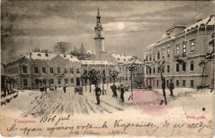 1906 Veszprém, Fő tér télen, városháza, Tűztorony. Kiadja Krausz A. Fia (fl)