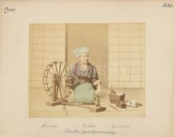 cca 1890 Japán, magyar utazó által készített fotók Osaka katonai gyakorlat / gyapotfonó asszony kéto...