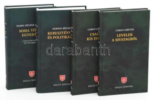 Máltai Könyvek sorozat 4 kötete. Herwig Büchele: Keresztény hit és politikai ész. A katolikus társadalmi tanítás új megközelítése. Carlo Carretto: Család, kis egyház. Carlo Carretto: Levelek a sivatagból. Marie-Héléne Mathieu: Soha többé egyedül! Műbőr kötés, jó állapotban.