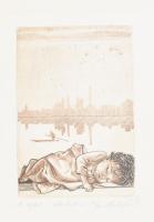 Hartung Sándor (1962- ): A reggel. Rézmetszet, papír, jelzett, számozott (20/14), lap teteje kartonra rögzítve. 13,5×9 cm