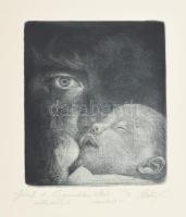 Hartung Sándor (1962- ): Gyermekké tettél (József Attila illusztráció). Rézmetszet, papír, jelzett, számozott (30/9), lap teteje kartonra rögzítve. 12×10 cm