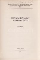 Garding, Eva:  The Scandinavian Word Accents. (Dedikált.) (Lund), 1977. CWK Gleerup, Malmö. [2] + 116 p. Dedikált: "Jenőnek Evától." Eva Garding (1920-2006) svéd nyelvész hangtani ábrákkal és térképvázlatokkal gazdagon illusztrált összehasonlító nyelvészeti dolgozata a skandináv nyelvek intonációjáról, dallammenetéről, szó- és mondathangsúlyáról. Az értekezés angol nyelven készült. (Travaux de l'Institute de Linguistique de Lund. Vol. XI.) Prov.: Major Jenő (1922-1988) településtörténész, földrajztudós, urbanisztikai szakíró. Fűzve, kiadói borítóban. Jó példány.