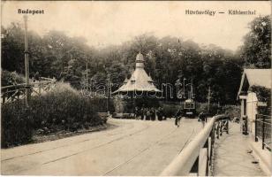 1914 Budapest II. Hűvösvölgy, villamos végállomás a 39-es villamossal, kalauzok csoportja