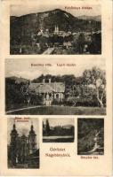 1909 Nagybánya, Baia Mare; Felsőbánya látképe, Kosutány villa és liget, Római katolikus templom, Bányász ház. Kovács Gyula kiadása / Baia Sprie, villa and park, church, mining house