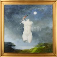 Szász Endre (1926-2003): Antik torzó madárral (négy évszak sorozat). Olaj, farostlemez, jelezve jobbra lent. Dekoratív, kissé sérült fakeretben, 80x80 cm. / oil on fibre board, signed lower right, framed