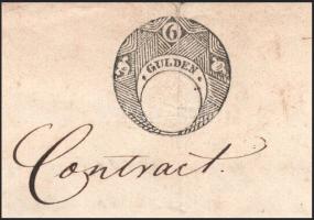 1853 Hőgyész, 6G (6 Gulden) szignettás okirat (német nyelvű szerződés), 3 beírt oldal, viaszpecsétte...