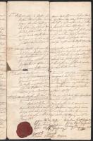 1853 Hőgyész, 6G (6 Gulden) szignettás okirat (német nyelvű szerződés), 3 beírt oldal, viaszpecsétte...