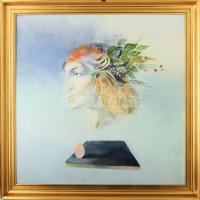 Szász Endre (1926-2003): Szürreális női arckép (négy évszak sorozat). Olaj, farostlemez, jelzés nélkül. Dekoratív, kissé sérült fakeretben, 80x80 cm.