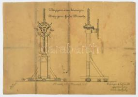 cca 1900 ,,Waggonemelőcsiga" (vasúti vagonemelő) tervrajz, rajzolta: ifj. Dünger Ágoston, 1 : 10, Dünger és Schmidt gépműhely, Szombathely, kissé sérült, foltos, 30x43 cm