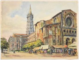 Alorain jelzéssel: Toulouse, városrészlet a Saint-Sernin-bazilikával. Akvarell, papír, 24,5x32,5 cm