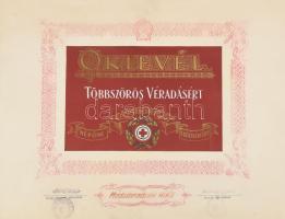 cca 1950 Magyar Vöröskereszt oklevél többszörös véradásért Medzihradszki Adél részére, középső része festett selyem, Rákosi-címerrel, bélyegzett aláírásokkal, kissé viseltes állapotban, 49x37,5 cm