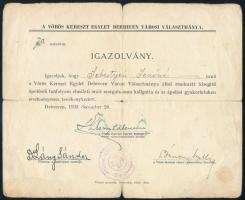 1938 Debrecen, a Vörös Kereszt Egylet Debrecen Városi Választmánya által kiállított igazolvány kisegítő ápolónői tanfolyam elvégzéséről, aláírásokkal, kissé viseltes állapotban