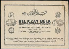 cca 1930-1940 Beliczay Béla mézeskalácsos és viaszgyertya-öntő (Bp. VII., Csányi u. 3.) reklámlap, hátoldalán kézzel írt nyugta, sarkán folttal, 21x15 cm