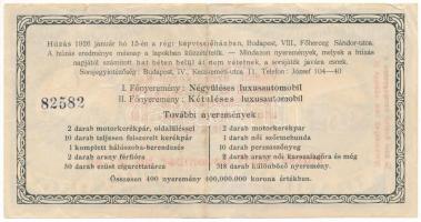 Budapest 1925. "Dohánykisárusok Országos Szövetsége - Trafikos Sorsjegy" 5000K-ról, "...