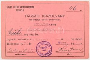 1953 MÁVAG Hunor Vadásztársaság tagsági igazolvány.