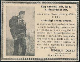 cca 1920 Hegely József arany vitézségi érmes székely hős, kémszolgálatos rohamista és parlamenter, székely bujdosó adománykéső lapja 18x14 cm