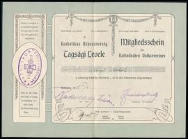 1908 Bp., a Katolikus Népszövetség tagsági levele, bélyegzett aláírásokkal, jó állapotban, középen hajtott, 28,5x21 cm