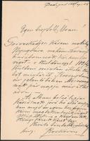 1887 Roskovics Ignác, ifjabb (1854-1915) egyházi és zsánerfestő, az ún. müncheni realizmus jellegzetes képviselőjének autográf levele, Jármay Gyula (1846-1915) gyógyszerésznek, készülő Than [Károly]-album és megküldendő pénz ügyében, 1 beírt oldal.