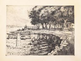 Imre István (1918-1983): Balaton vitorlásokkal. Rézkarc, papír, jelzett, kartonra kasírozva, 29,5x39 cm