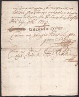 1749 Machula Gáspár szlovák nyelvű kézirata, 1749. szeptember 29., (Lászlófalva (Laclavá)?) Kossuth György és Eördög Ádám tanúk aláírásaival, kis szakadással az egyiken, 2,5 beírt oldal, 2 sztl. lev.