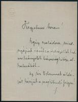 1921 Losonczi Bódy Tivadar (1868-1934) m. kir. udvari tanácsos, Budapest székesfőváros polgármestere (1918-1920), a magyar országgyűlés felsőházának tagja autográf gratuláló levele ismeretlen részére, Budapest székesfőváros fejléces papírján, 2 beírt oldal.