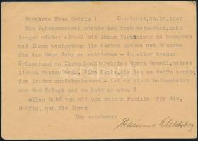 1947 Raimund Klebelsberg (1886-1967) osztrák geológus gépelt levelezőlapja Albertirsára, Klebelsberg grófnéhez, autográf aláírásával.