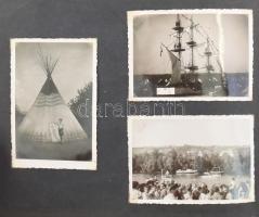 1947 Franciaország, cserkész jamboree albuma, felvarróval, képeslapokkal, cserkésztáborban készült f...