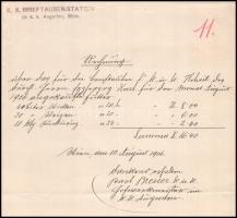 1906 Habsburg Károly, később IV. Károly király részére szóló számla k.u.k. postagalamb állomás pecsé...