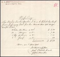 1906 Habsburg Károly, később IV. Károly király részére szóló számla k.u.k. postagalamb állomás pecsé...