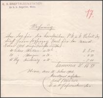 1906 Habsburg Károly, később IV. Károly király részére szóló számla k.u.k. postagalamb állomás pecsé...