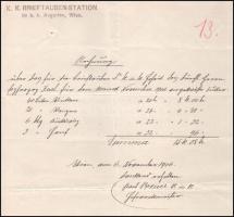 1907 Habsburg Károly, később IV. Károly király részére szóló számla k.u.k. postagalamb állomás pecsé...