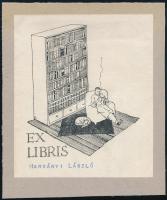 Biczó András (1888-1957): Ex libris Harsányi László. Klisé, papír, jelzett a klisén. Lap teteje kartonra kasírozva. 8,5x7 cm