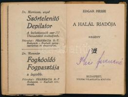 Edgar Hesse: A halál riadója. Regény. Tolnai Regénytára. Bp., én., Tolnai. Kiadói papírkötés, a háts...