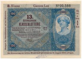 Ausztria 1925. "13. Österreichische Klassenlotterie (13. Osztrák Osztálysorsjáték)" második osztály egy sorsjegye T:XF Austria 1925. "13. Österreichische Klassenlotterie (13th Austrian Class Lottery)" second class ticket C:XF