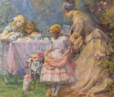 Gergely Imre (1868-1957): Társaság. Olaj, vászon. Jelezve jobbra lent. Dekoratív, kissé sérült faker...