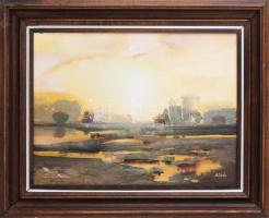 Csikós András (1947-2006): Zsombékos táj. Olaj, farost, jelezve jobbra lent, hátoldalán autográf felirattal, fakeretben, 29,5x39,5 cm