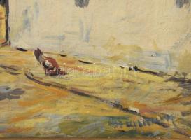 Olvashatatlan jelzéssel: Élet a tanyán. Olaj, vászon. Dekoratív, sérült fakeretben, 30x42,5 cm