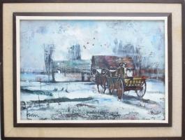 Fodor József (1935-2007): Szekérrel a hóban. Olaj, farost, jelzett, üvegezett fakeretben, hátoldalán...