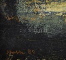 Holler László (1938-): Tiszapart. Olaj, farost, jelzett, hátoldalán autográf felirattal, fakeretben,...