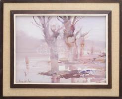 Fejér Csaba (1936-2002): Vízparti táj. Olaj, farost, jelezve balra lent. 30x40 cm