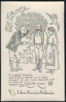 Jelzés nélkül: Ex libris Kovács Kálmán, klisé, papír, jelzett a klisén. Kovács Kálmán (1883-1951) tanár, tanügyi főtanácsos ex librise, apja, Kovács János (1846-1905) unitárius tanító, kollégiumi igazgató és Walter Crane (1845-1915) angol festő kolozsvári találkozását megörökítő Crane-tollrajz alapján, 11,5×7,5 cm