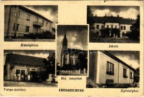 1949 Iregszemcse, Községháza, iskola, egészségház, református templom, Varga üzletház (szakadás / tear)