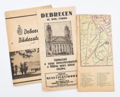 cca 1930 3 Debrecen térkép és nyomtatvány: Titkos Imre Debrecen térképe 28x40 cm Tájékoztató a filléres gyors utasai részére, Debrecen Bäderstadt 16 oldalas nyomtatvány