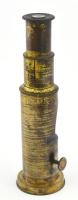 cca 1910 Angol hordozható bronz mikroszkóp, jelzés nélkül, kopással, h: 15,5 cm